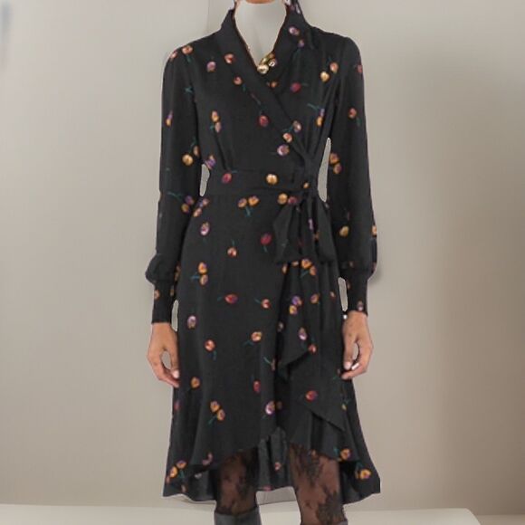 CAbi Dresses & Skirts - Cabi Divine Floral Full True Wrap Dress Womans Large Black Floral Smocked Wrists